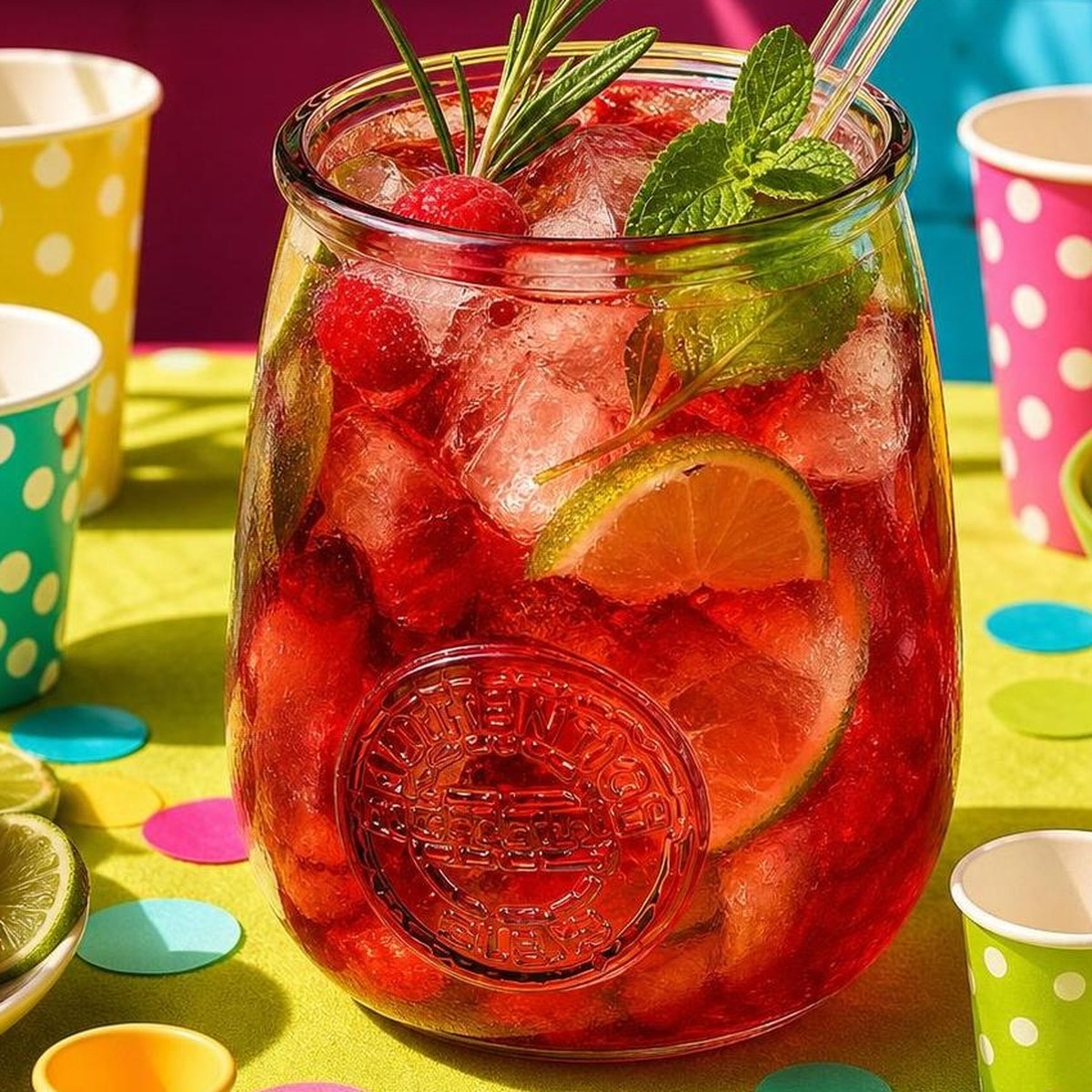 ReJumbo Trinkglas mit rotem Sommerdrink, Früchten und bunten Bechern