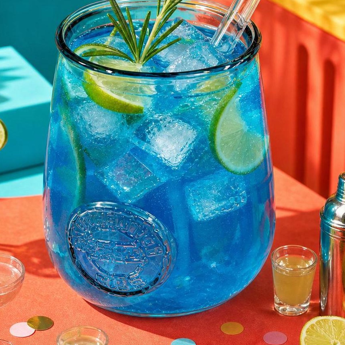 ReJumbo Trinkglas mit blauem Drink in einer farbigen Homebar-Szene