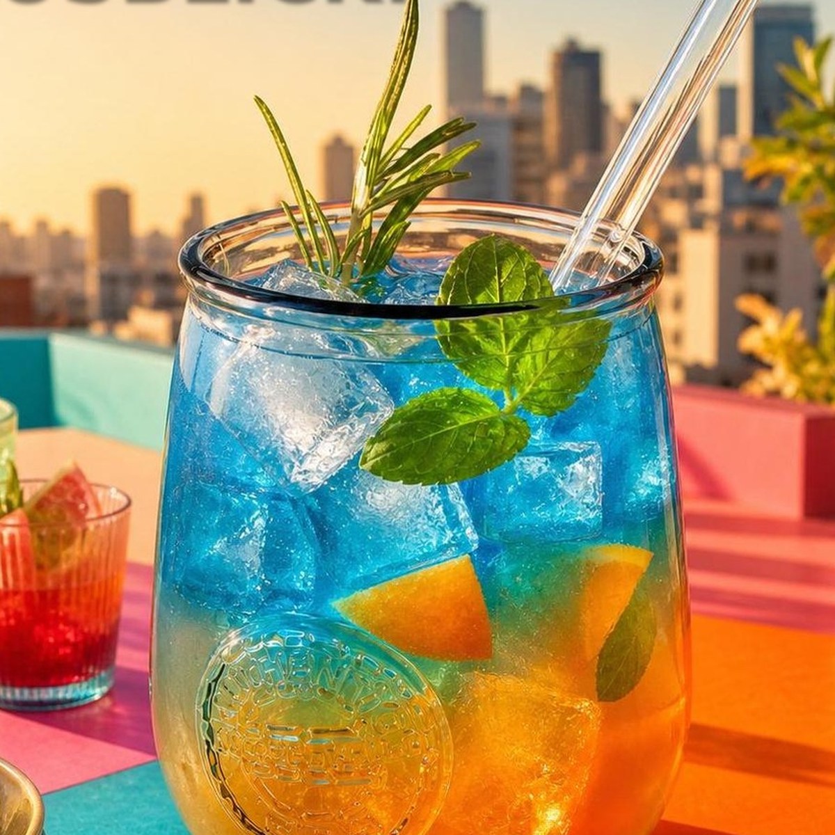 ReJumbo Trinkglas mit blau-orangem Drink auf einer Dachterrasse